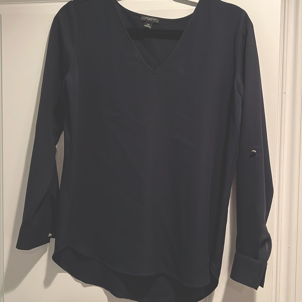 Navy v neck long sleeve blouse with sleeve roll up detail